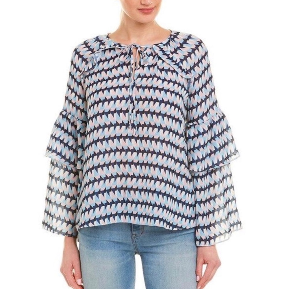NWT Parker “Trixie” Blouse Tiered Sleeve Abstract Tie Front Top M